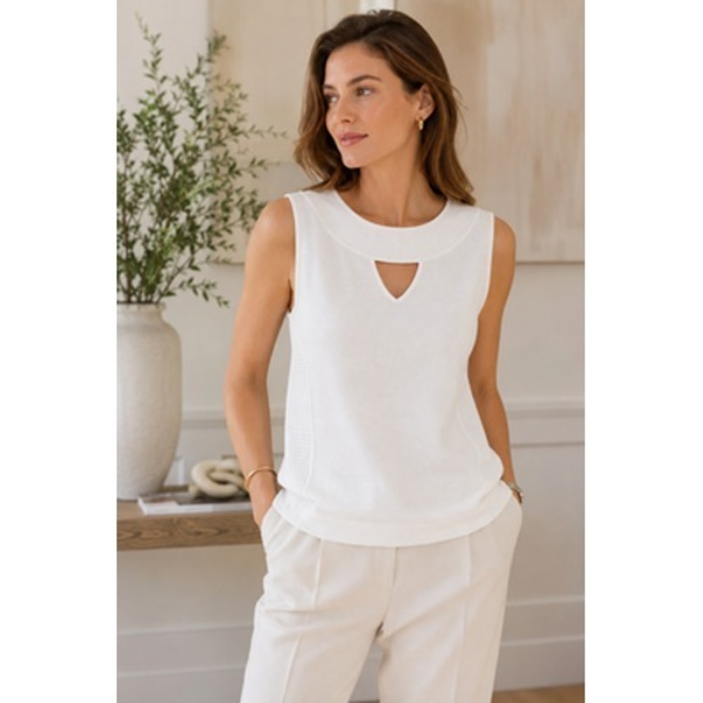 Per Se Carlisle Textured Knit Sleeveless Top White Keyhole M NWT $298